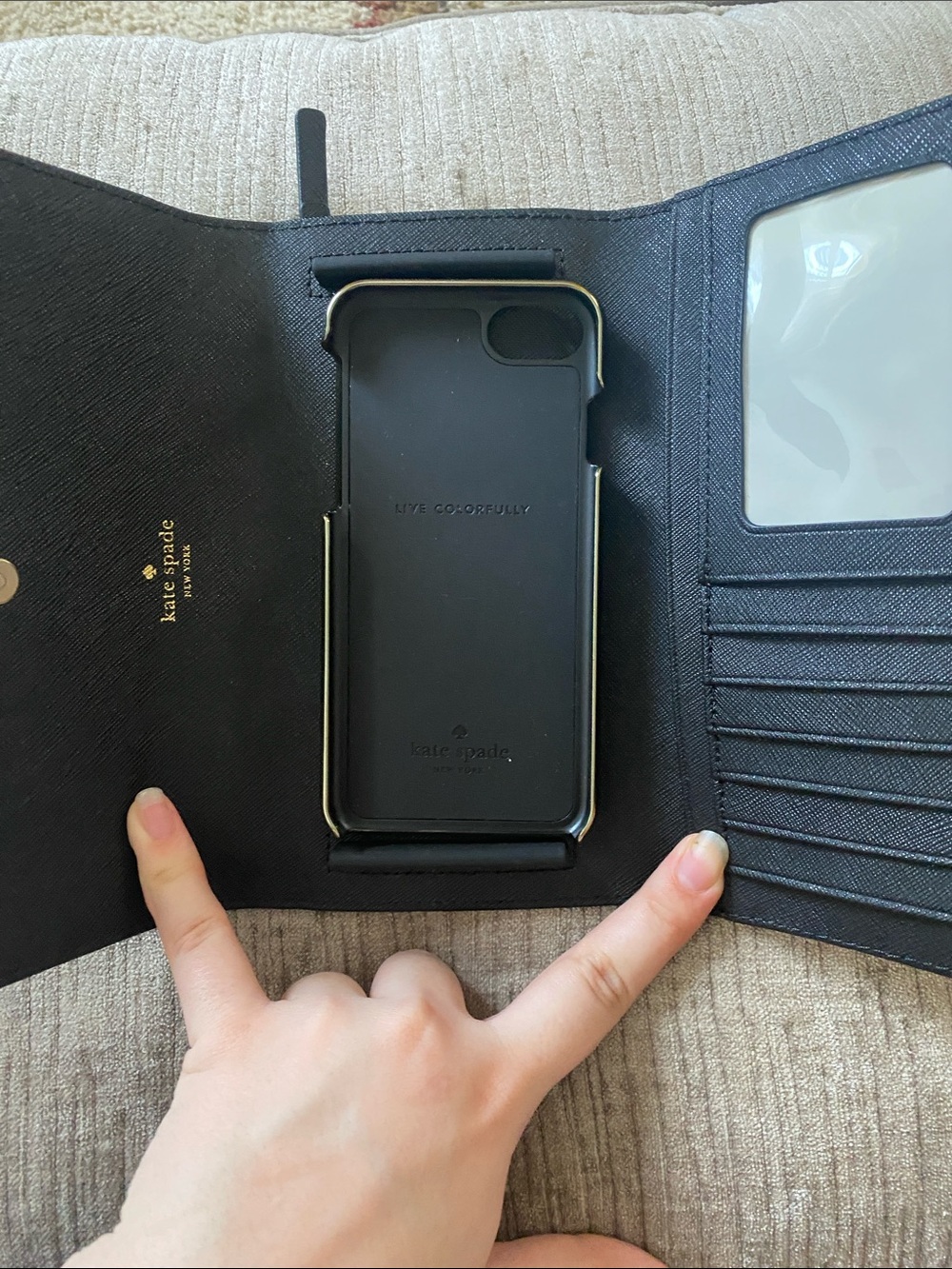 kate spade Black Saffiano Leather Fold Wallet with Gold Logo Plus Phone Case - Picture 5 of 15